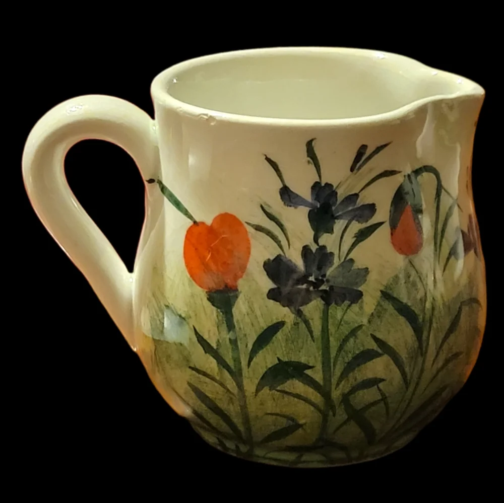 Vtg Creamer & Sugar Bowl Made In Italy Hand Painted Poppy Flowers Ceramic